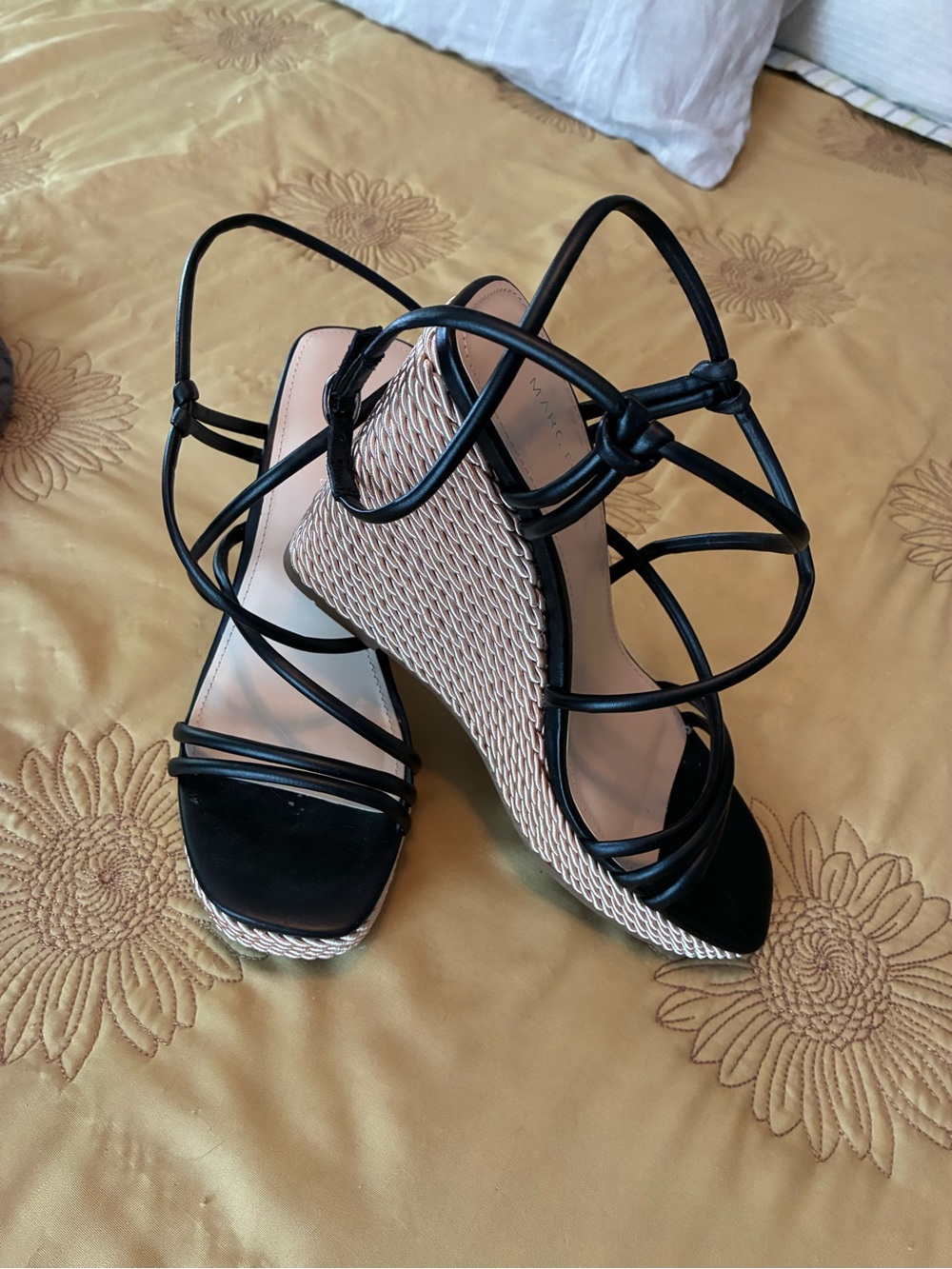 Marc Fisher Black Strappy Wedge Sandals with Woven Platform
